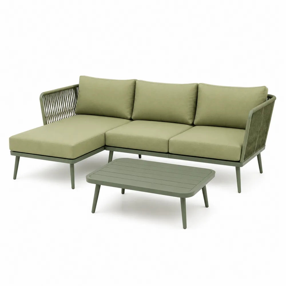 Gartensofa Set L-Form mit Chaiselongue und Couchtisch 3-Sitzer Aluminium Polyester Grün rechteckig