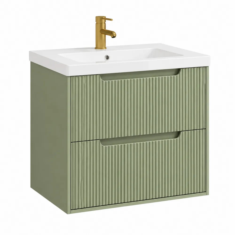 Waschtischunterschrank Set mit Aufsatzwaschbecken 60 cm x 46 cm x 60 cm MDF Salbeigrün Weiß Messingfarben rechteckig mit zwei Schubladen