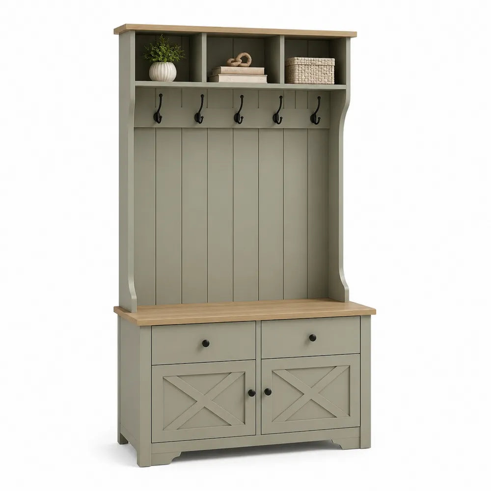 Garderobenschrank Flur 100 cm x 40 cm x 180 cm mit Sitzbank Hakenleiste und Stauraum Grün Naturholz rechteckig