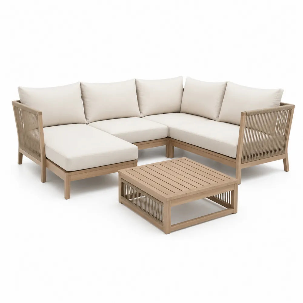 Gartenmöbel Set L-Form 4-teilig 240 x 160 x 75 cm mit Couchtisch Aluminium Akazienholz Seilgeflecht Beige Natur rechteckig