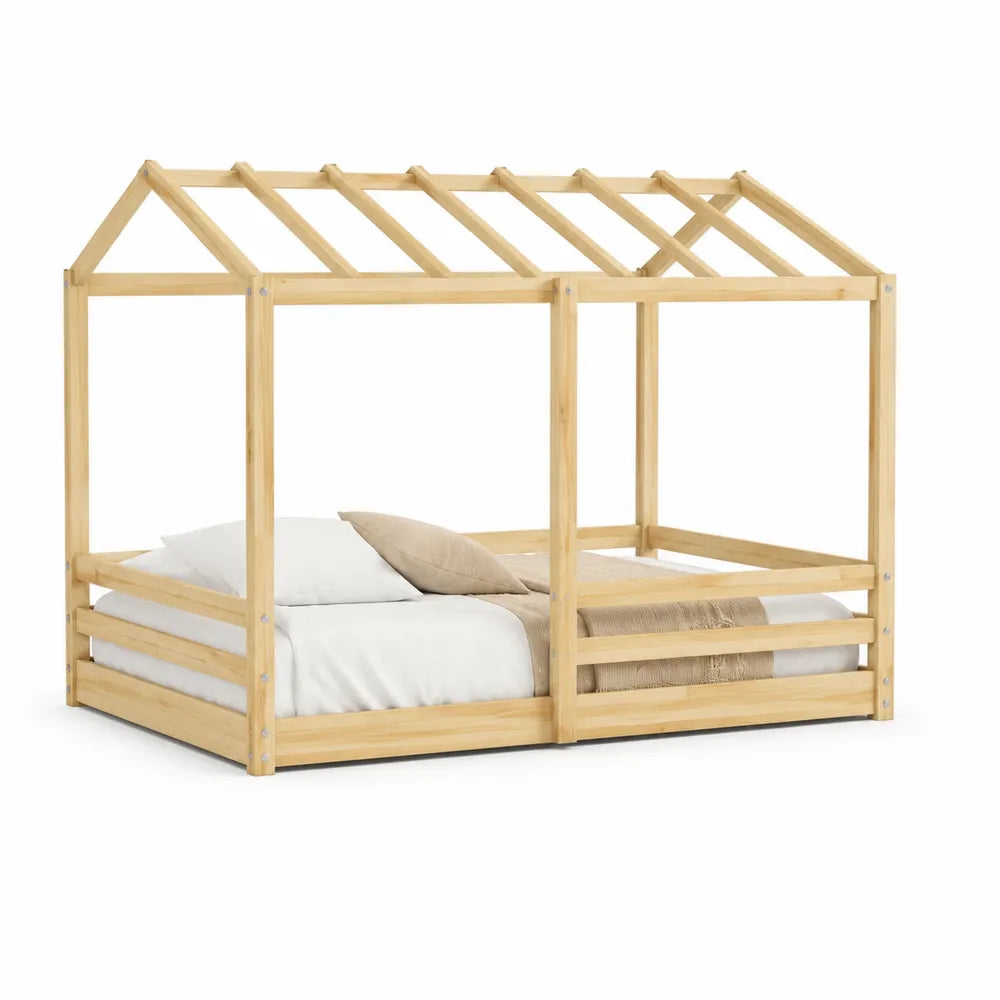 Hausbett 90 cm x 200 cm Kinderbett mit Dachrahmen Kiefer Massivholz Naturholz Bettgestell mit Lattenrost und Schutzgeländer