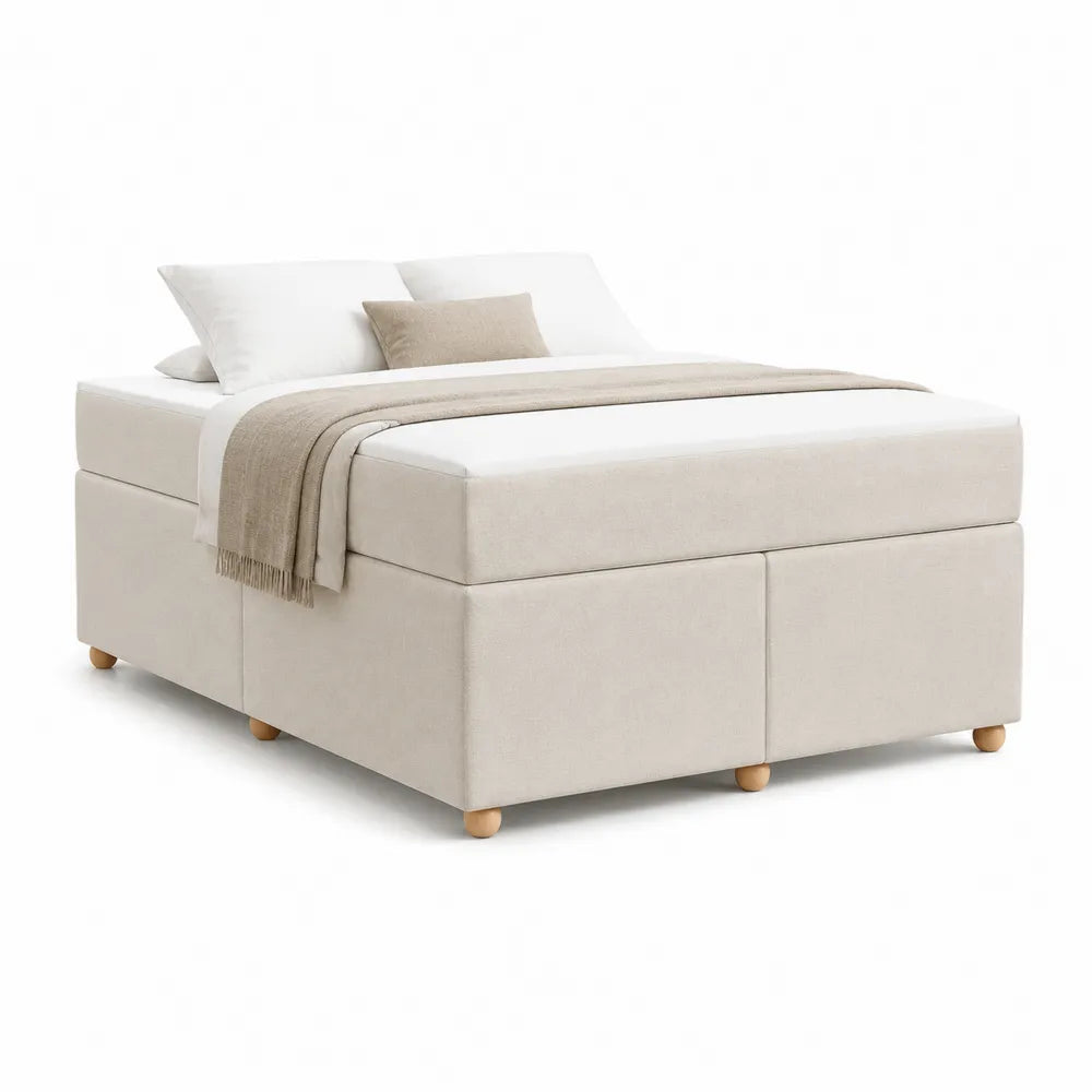 Stauraumbett 160 x 200 cm Polsterbett Beige Stoff mit 2 Schubladen Holzfüße rechteckiges Bettgestell