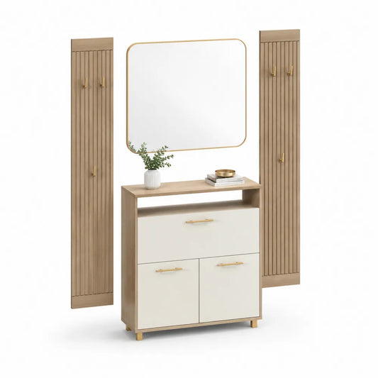 Garderoben Set 4-teilig 180 x 35 x 180 cm mit Konsole Spiegel und Wandpaneelen MDF Naturholz Cremeweiß Gold rechteckig
