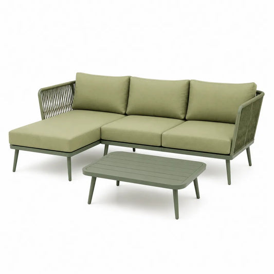 Gartensofa Set L-Form mit Chaiselongue und Couchtisch 3-Sitzer Aluminium Polyester Grün rechteckig