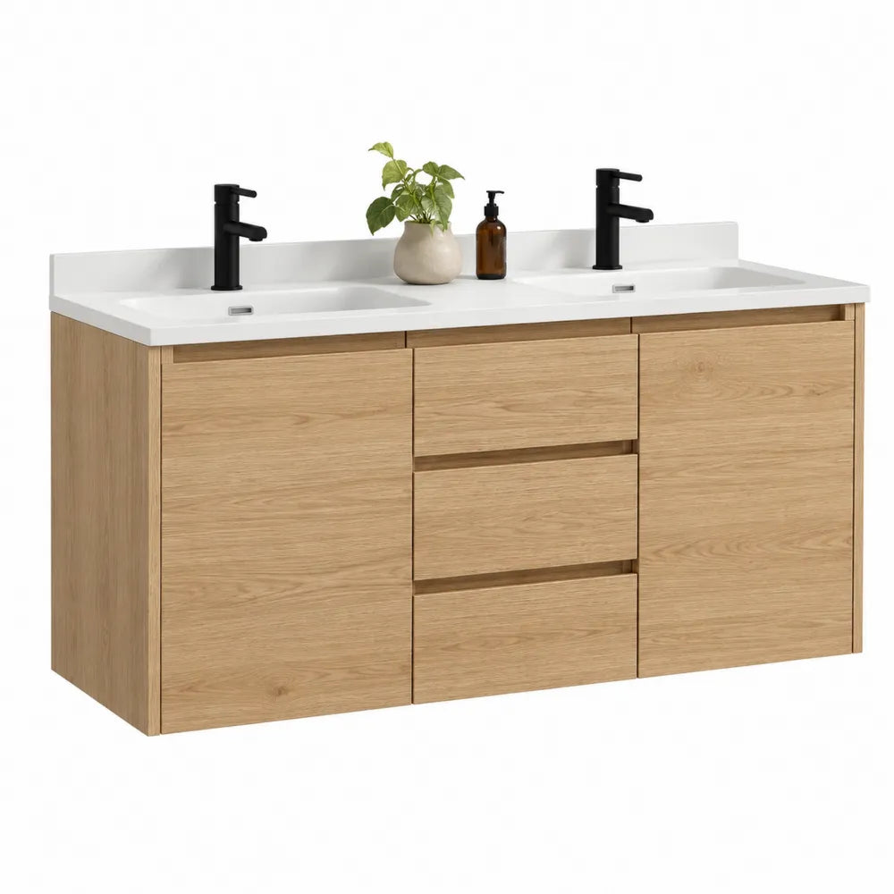 Waschtischunterschrank Doppelwaschbecken 120 cm x 45 cm x 55 cm Eiche Natur Weiß Keramik mit schwarzen Armaturen rechteckig