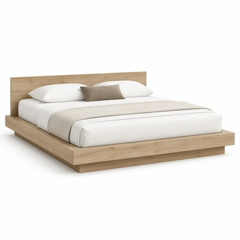 Doppelbett Rahmenbett 160 x 200 cm Holzoptik Naturholz Plattformbett mit Kopfteil MDF Holzwerkstoff
