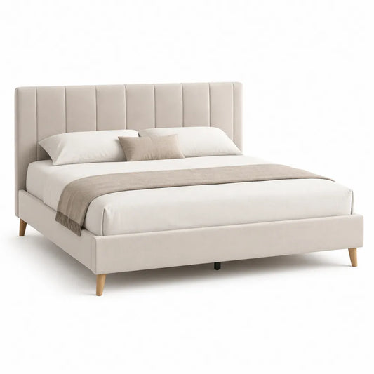 Polsterbett Doppelbett 180 x 200 cm Bettgestell Stoff Beige vertikal gesteppt Kopfteil Holzbeine Naturfarben