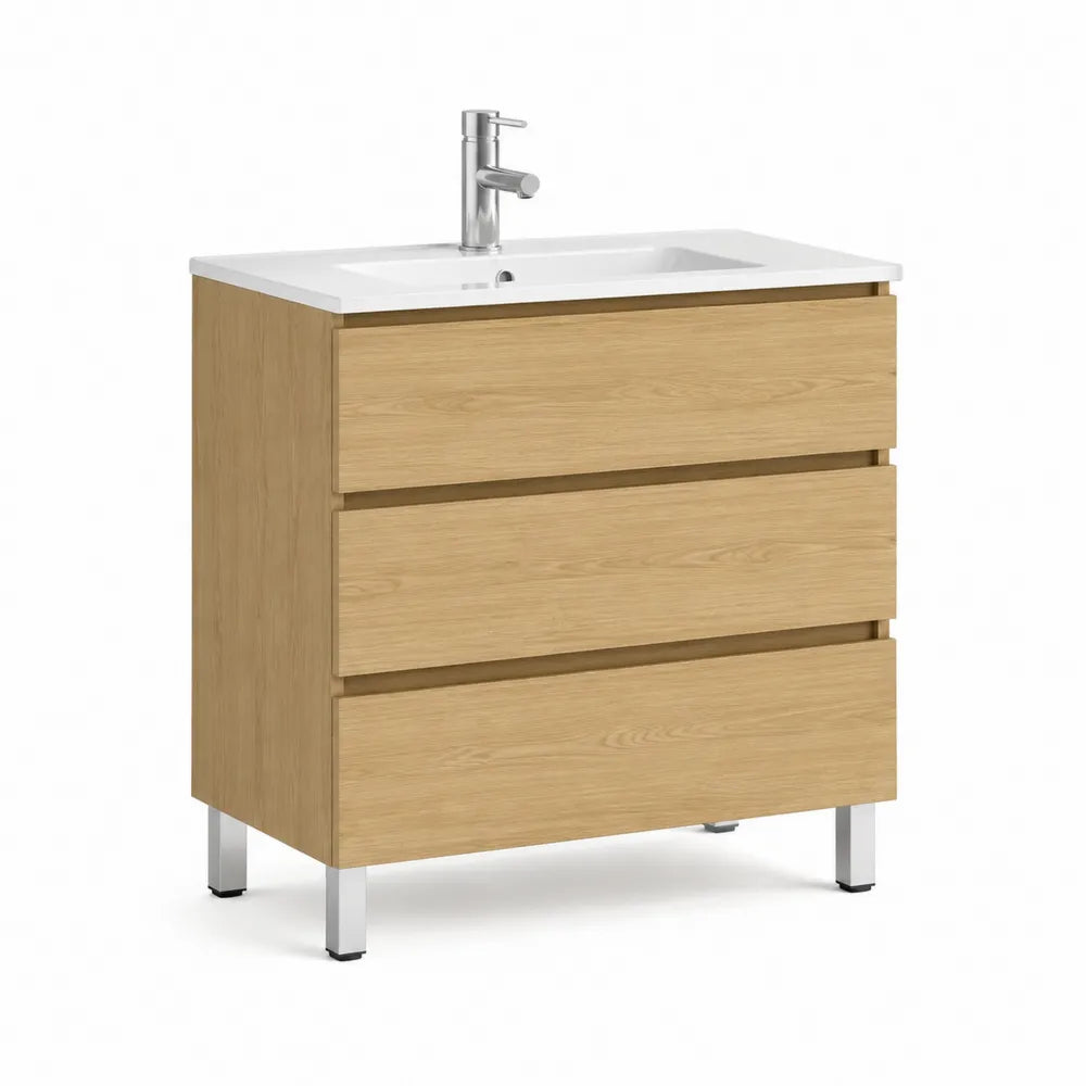 Waschtischunterschrank mit Keramikbecken 60 x 45 x 85 cm 3 Schubladen MDF Eiche Weiß Chrom rechteckig