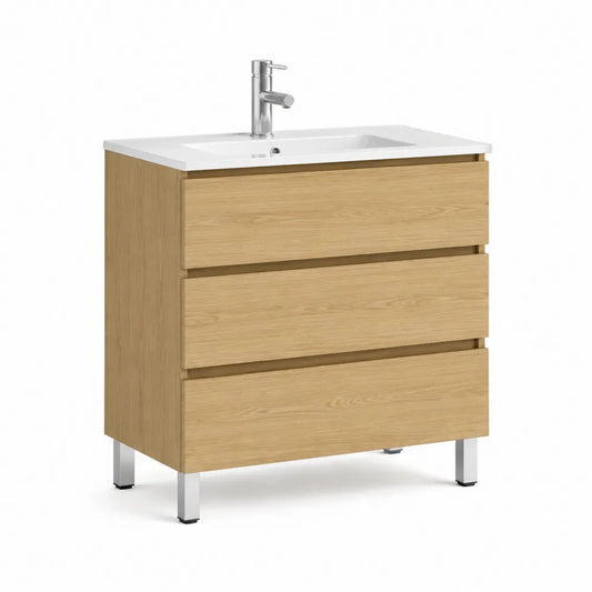 Waschtischunterschrank mit Keramikbecken 60 x 45 x 85 cm 3 Schubladen MDF Eiche Weiß Chrom rechteckig