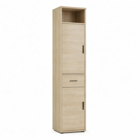 Flurschrank 50 cm x 35 cm x 180 cm Holzwerkstoff Eichenoptik rechteckig Hellbraun mit Tür Schublade und offenem Fach Schwarz