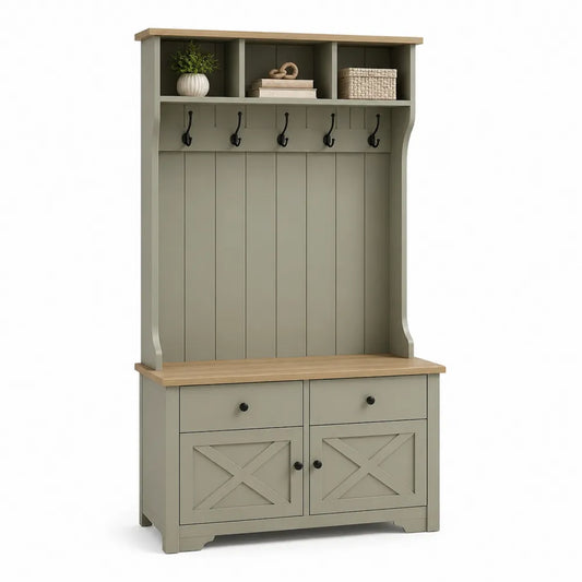 Garderobenschrank Flur 100 cm x 40 cm x 180 cm mit Sitzbank Hakenleiste und Stauraum Grün Naturholz rechteckig