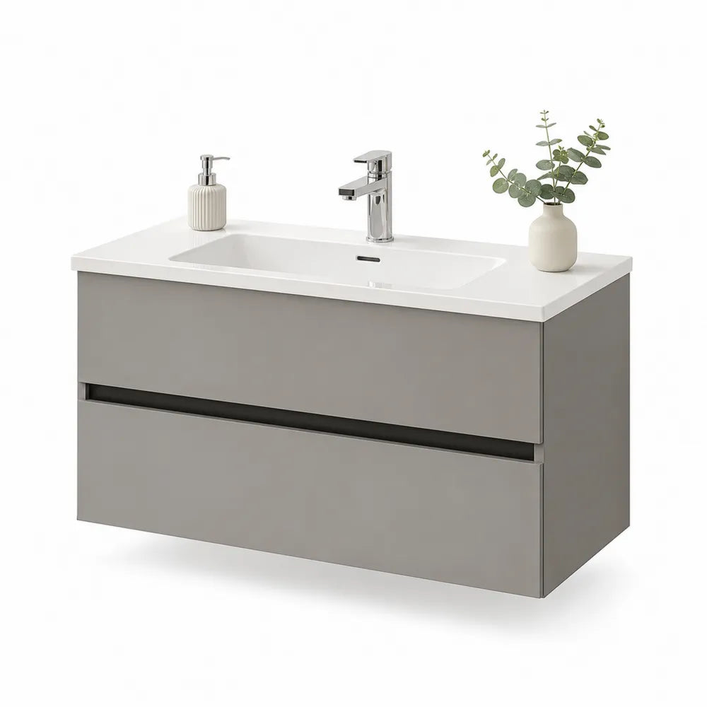 Waschtischunterschrank 80 cm x 46 cm x 55 cm Greige Weiß mit Keramikbecken und Chromarmatur rechteckig