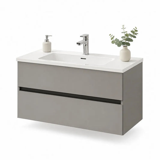 Waschtischunterschrank 80 cm x 46 cm x 55 cm Greige Weiß mit Keramikbecken und Chromarmatur rechteckig