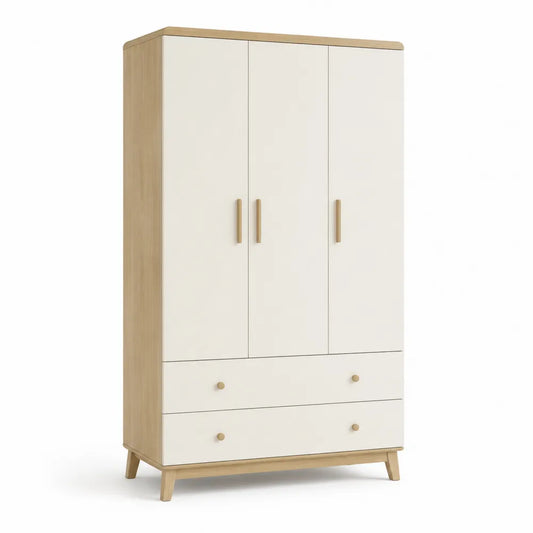 Kleiderschrank 120 cm x 50 cm x 180 cm 3-türig mit 2 Schubladen MDF Spanplatte Weiß Naturholz rechteckig
