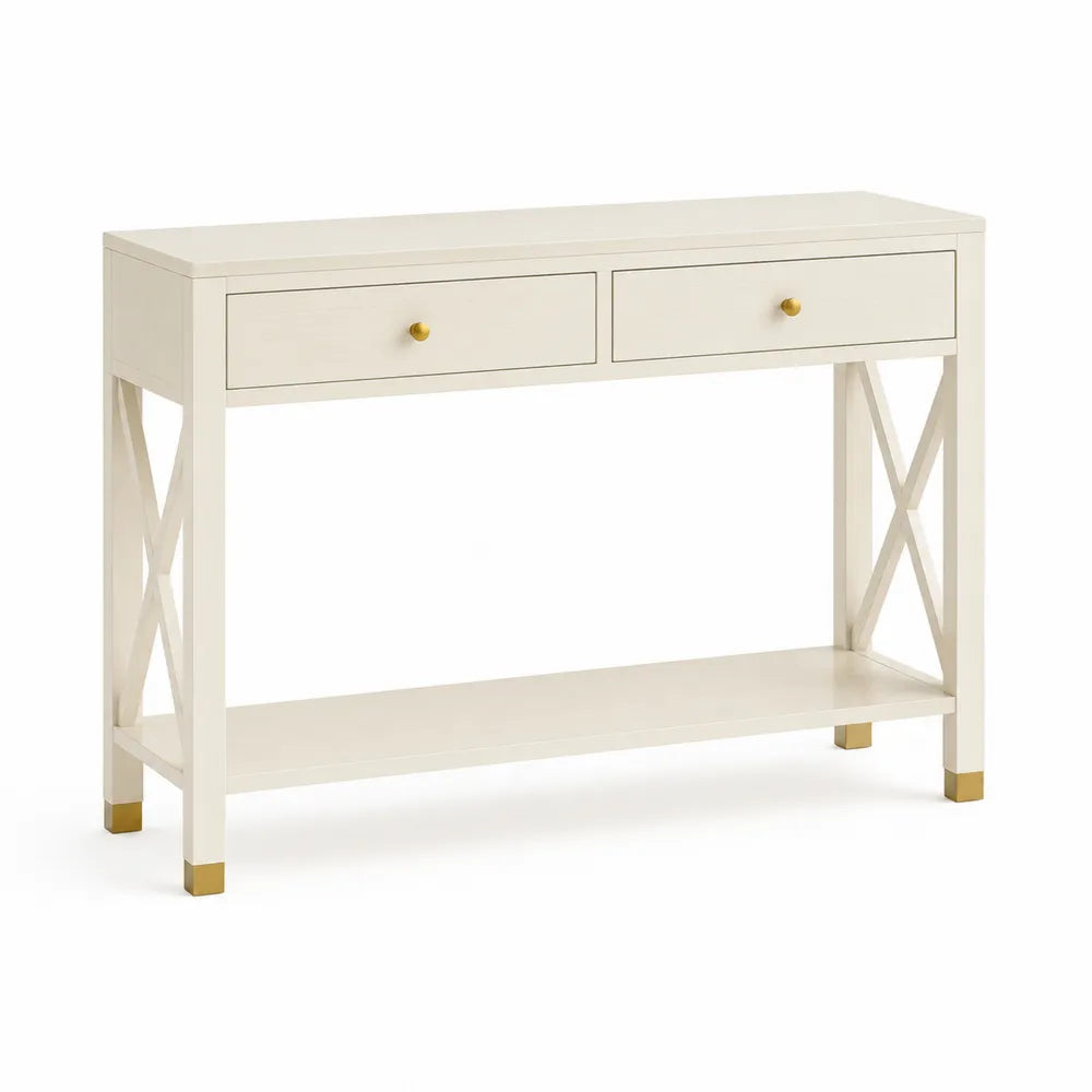 Konsolentisch 120 cm x 35 cm x 80 cm Beige mit 2 Schubladen und Ablageboden rechteckig Holz Goldakzente