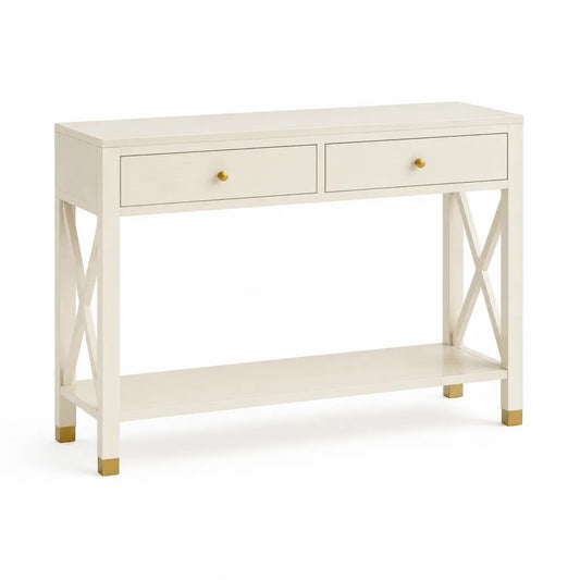 Konsolentisch 120 cm x 35 cm x 80 cm Beige mit 2 Schubladen und Ablageboden rechteckig Holz Goldakzente