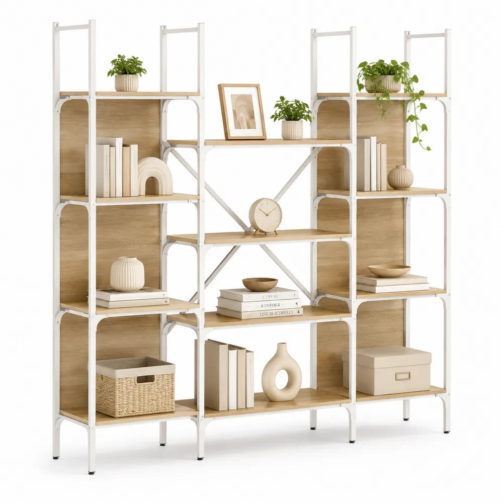 Bücherregal Standregal Metallrahmen Weiß Eiche Holzoptik offenes Regal rechteckig mehrteilig