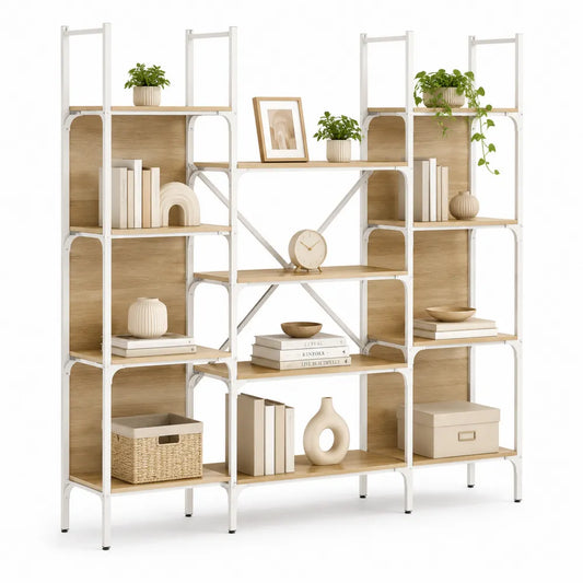 Bücherregal Standregal Metallrahmen Weiß Eiche Holzoptik offenes Regal rechteckig mehrteilig