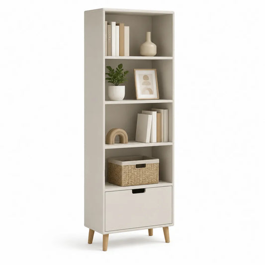 Bücherregal 60 cm x 180 cm x 30 cm Standregal mit 4 offenen Fächern und 1 Schublade MDF Holzwerkstoff Beige Weiß rechteckig
