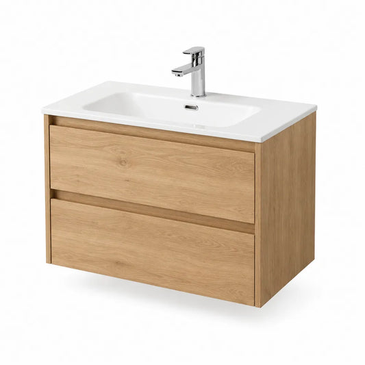 Waschtischunterschrank mit Waschbecken 60 cm x 45 cm x 60 cm MDF Spanplatte Eichenholzoptik Weiß rechteckig mit 2 Schubladen und Armatur Chrom