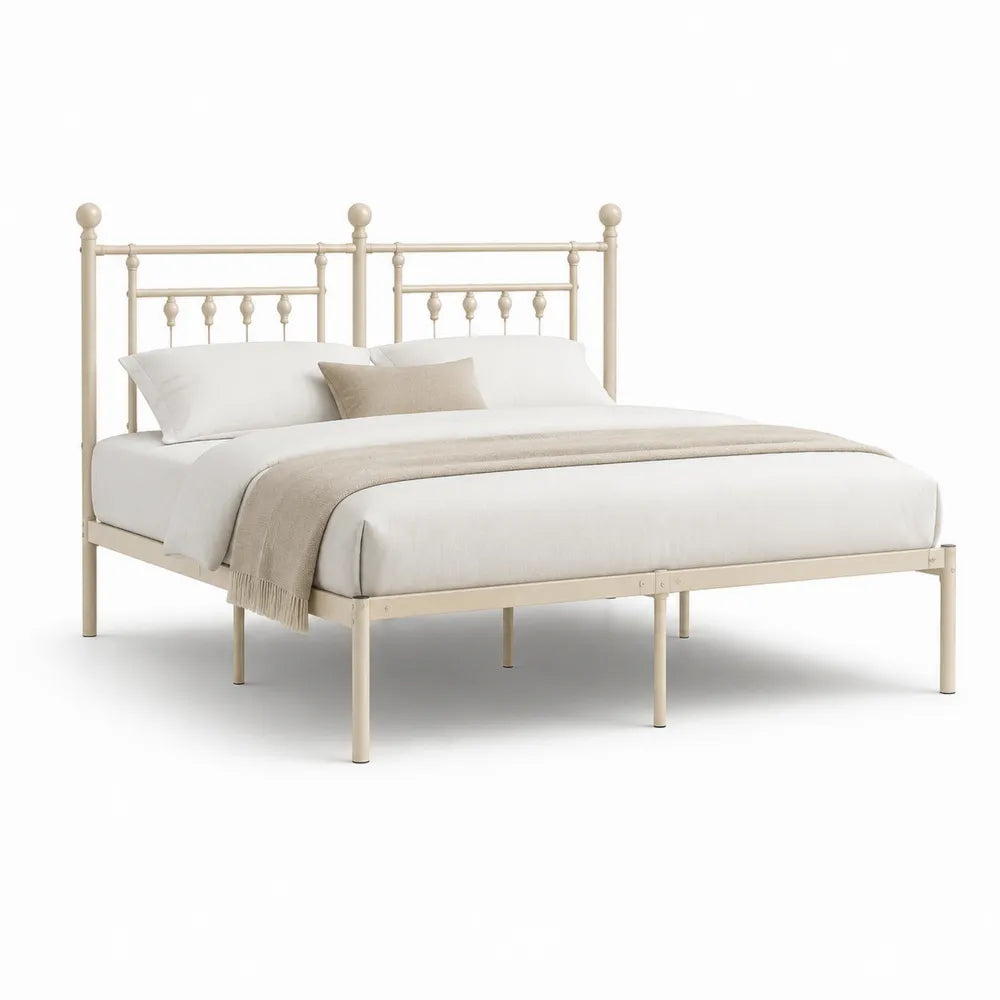 Metallbett Doppelbett 160 x 200 cm Stahl pulverbeschichtet Beige mit Kopf- und Fußteil Zierkugeln rechteckig Bettgestell