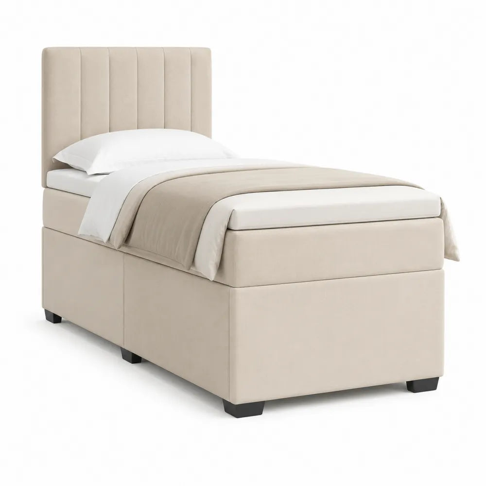 Polsterbett Einzelbett 90 x 200 cm Beige Stoff mit vertikal gesteppter Kopfteilstruktur rechteckig Bettgestell mit schwarzen Beinen