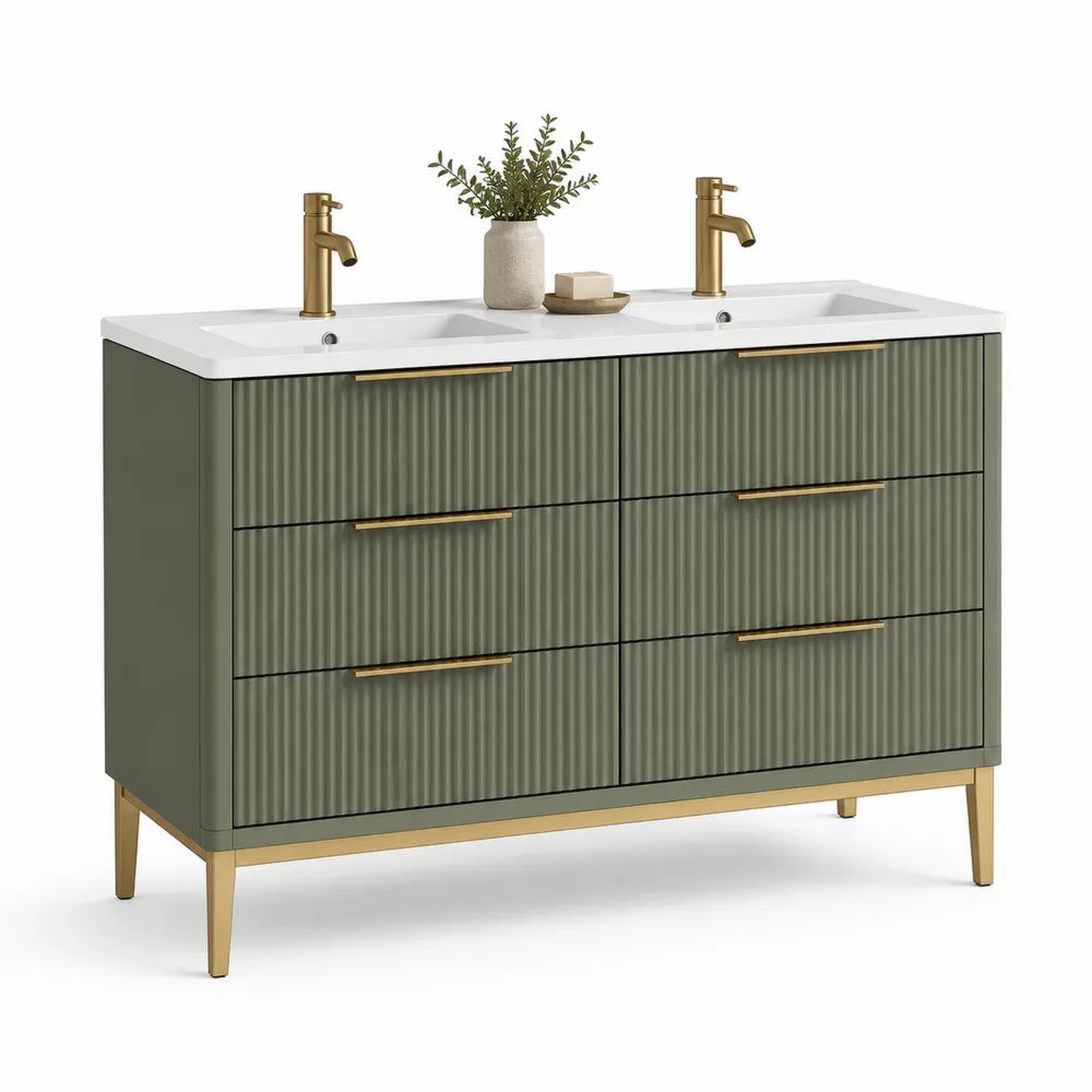 Waschtischunterschrank Doppelwaschbecken 120 cm x 46 cm x 80 cm MDF Grün Lamellenfront Weiß Mineralguss Gold rechteckig mit 6 Schubladen