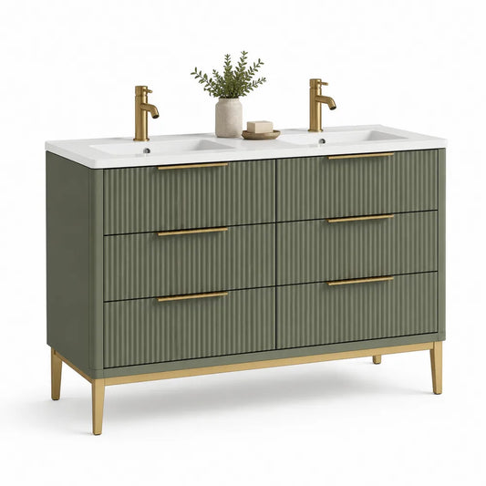 Waschtischunterschrank Doppelwaschbecken 120 cm x 46 cm x 80 cm MDF Grün Lamellenfront Weiß Mineralguss Gold rechteckig mit 6 Schubladen