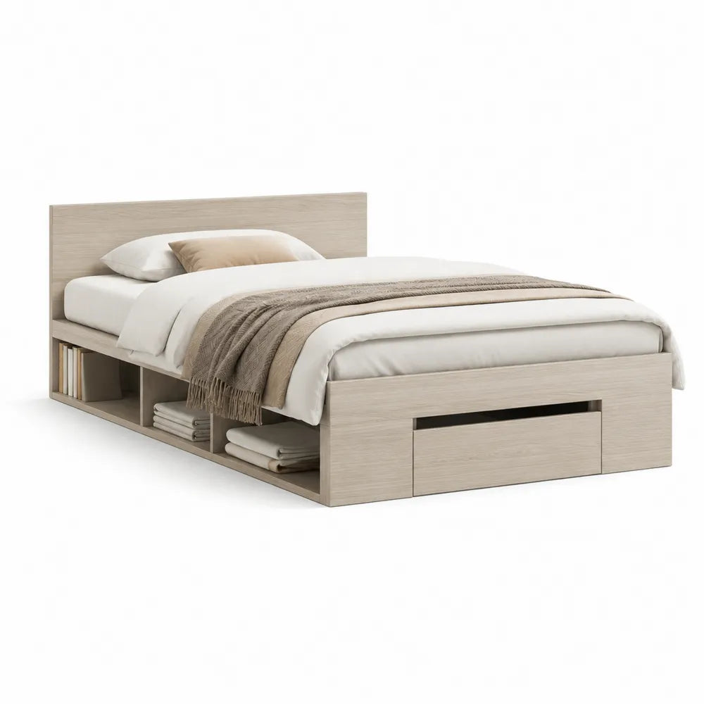 Stauraumbett 140 x 200 cm Bettgestell Naturholz mit Schublade und offenen Regalfächern rechteckig Holzoptik
