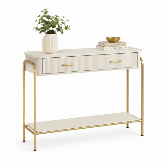 Konsolentisch 120 cm x 35 cm x 80 cm Beige mit 2 Schubladen und Metallgestell Gold rechteckig