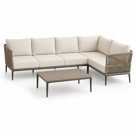 Garten L Form Sofa Set Aluminium Polyesterseil Ecksofa 260 x 190 x 76 cm Couchtisch 100 x 60 x 38 cm Taupe Creme Schwarz